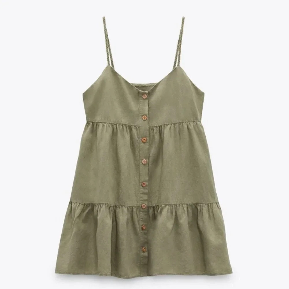 Zara Linen Blend Woven Strap Mini Tiered Summer Dress Green NWT Size Large